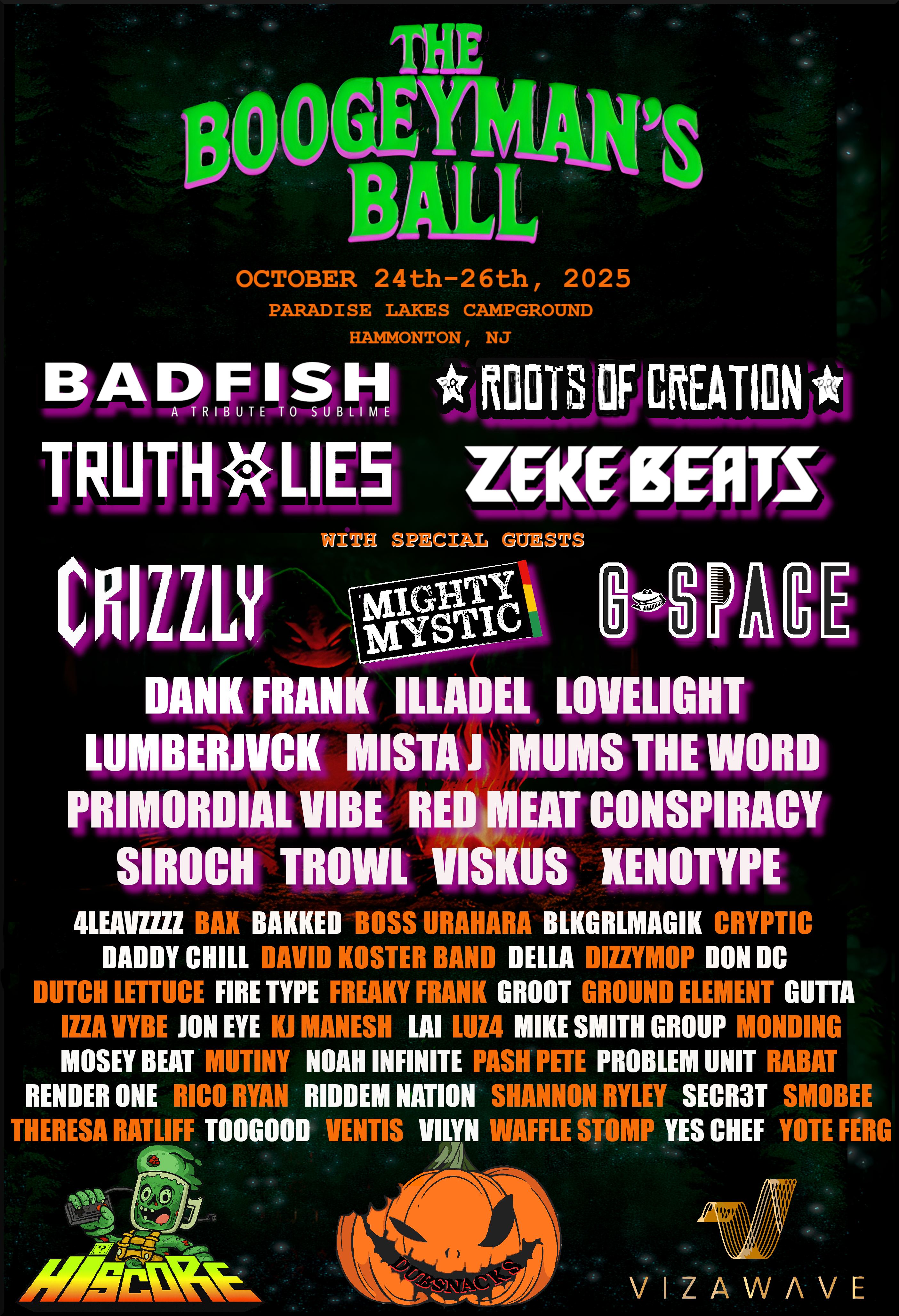 The Boogeyman's Ball 2026 Phase 1 Lineup featuring BADFISH, Roots of Creation, Truth & Lies, Zeke Beats, Crizzly, Mighty Mystic, G-Space and 40+ artists across reggae, jam, and electronic music genres